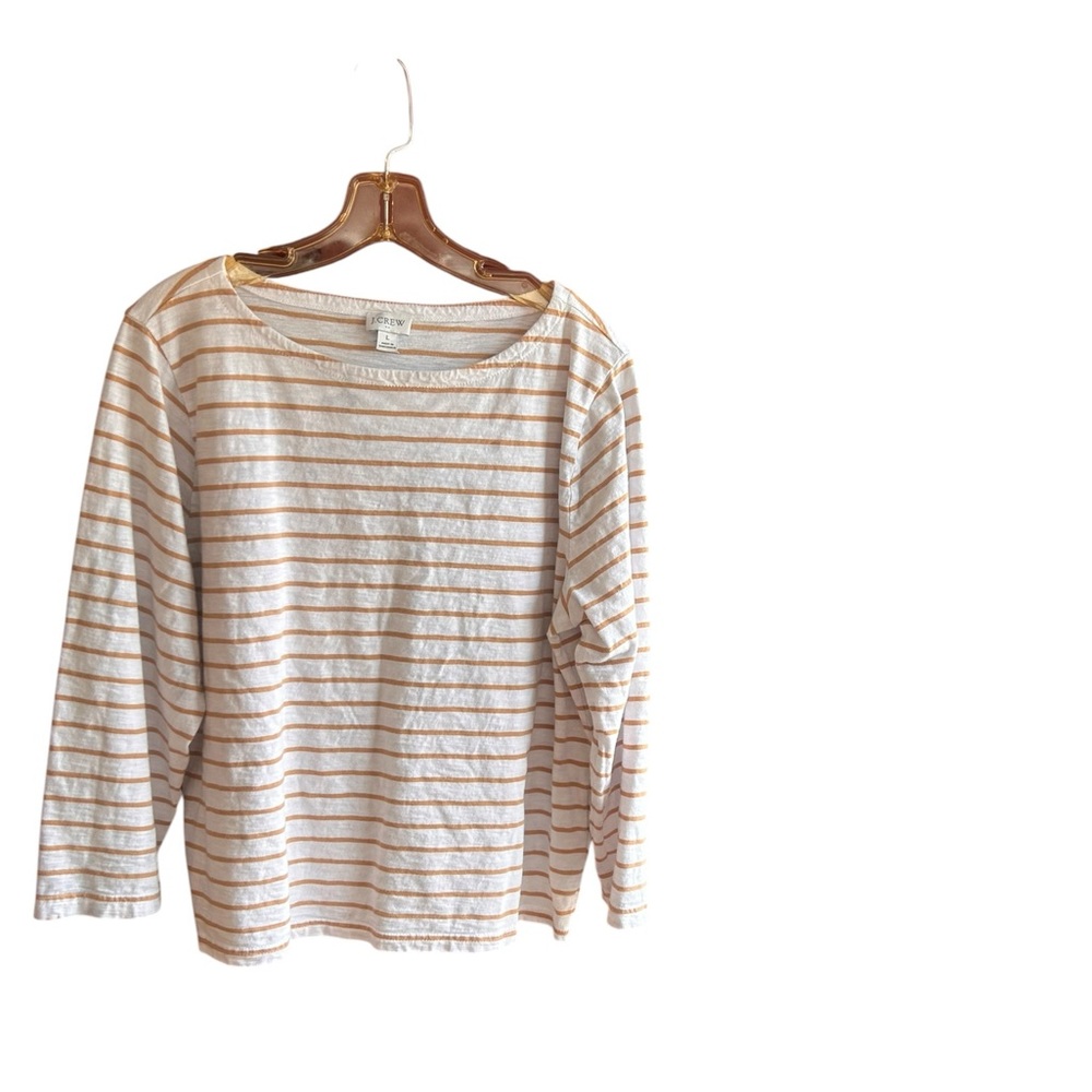 EUC J. Crew white tan cotton striped top Sz L
